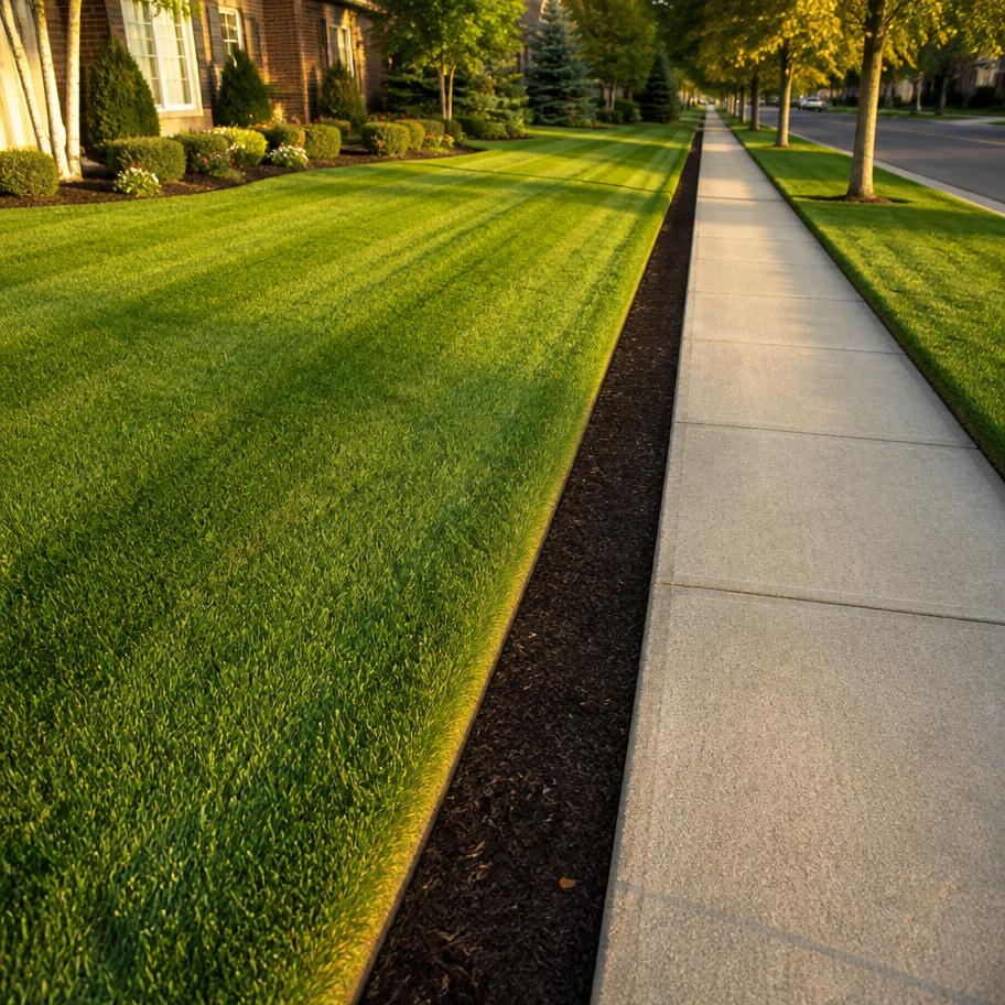 Manicured striped lawn with crisp edging after service